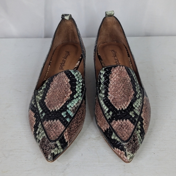 Jeffrey Campbell Viona Snakeskin Wood Heel Pointed Loafers - Picture 2 of 8